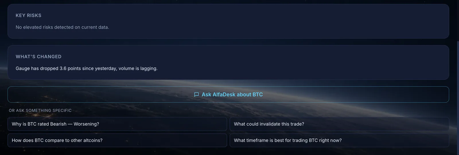 An asset page: key risks, what has changed, and ready questions for AlfaDesk